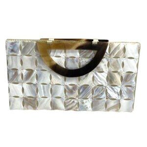 Mad Bags Handcrafted Mother Of Pearl Clutch Bag With Brown Handle Elegant Design